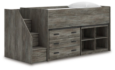 Cama alta individual Frandern con estantería y cajones de almacenamiento