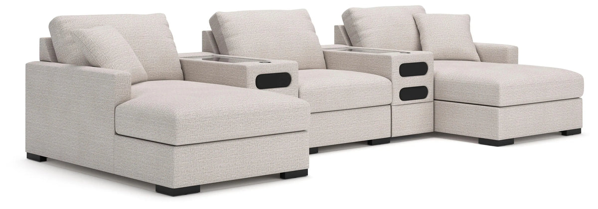 Chaise longue seccional doble de 5 piezas con almacenamiento y consolas de audio Omaha by Ashley - Piedra