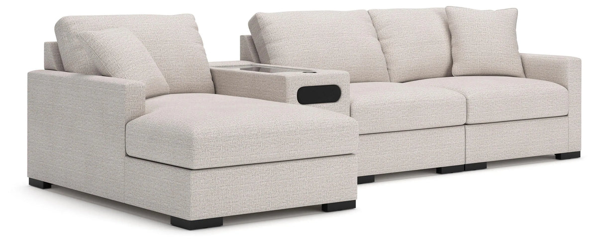 Omaha by Ashley 4-Piece Sectional with Storage Chaise and Audio Console - Stone