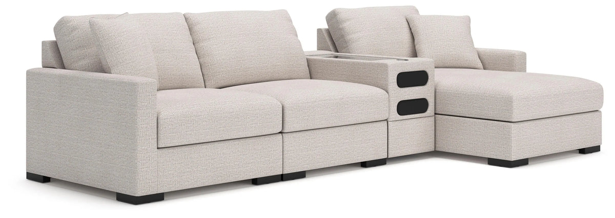 Omaha by Ashley 4-Piece Sectional with Storage Chaise and Audio Console - Stone