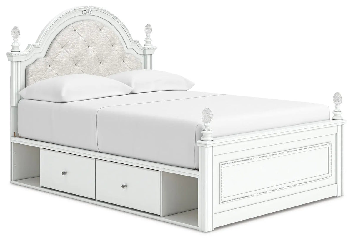 Cama Maylilly tapizada con paneles y almacenamiento - Blanco