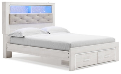 Cama Queen Altyra con librería tapizada y espacio de almacenamiento - Blanco
