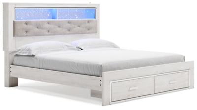 Cama Altyra King con librería tapizada y almacenamiento - Blanco