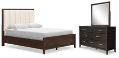 Cama Queen tapizada Westonfort con paneles, tocador y espejo