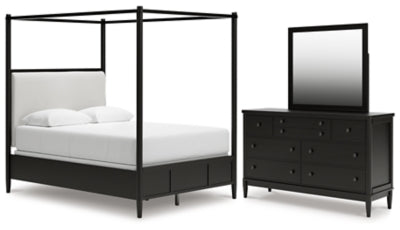 Portdown Queen Upholstered Poster Bed, Dresser and Mirror