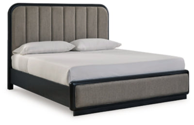 Cama King con paneles tapizados Rowanbeck - Gris/Negro