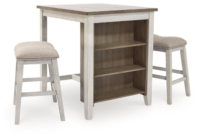 Mesa de comedor y taburetes de bar Skempton (juego de 3) - Blanco/Marrón claro