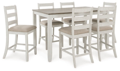 Mesa de comedor y taburetes de bar Skempton (juego de 7) - Blanco/Marrón claro