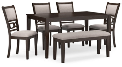 Mesa de comedor Langwest, 4 sillas y banco (juego de 6) - Marrón