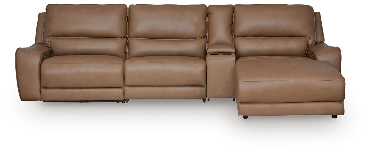 Silverbrooke 4-Piece Reclining Sectional with Chaise and Storage Console - Caramel