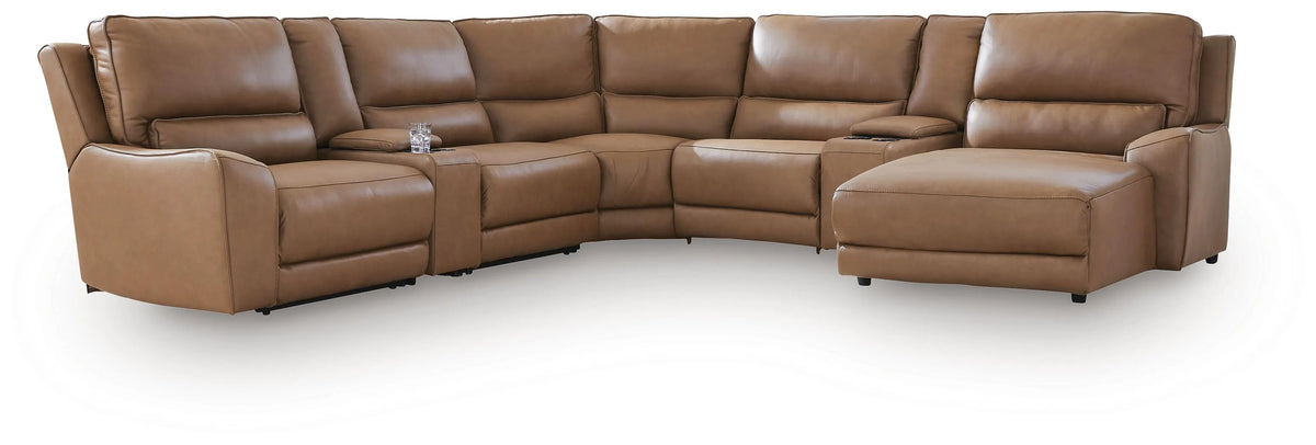 Silverbrooke 7-Piece Reclining Sectional with Chaise and Storage Consoles - Caramel