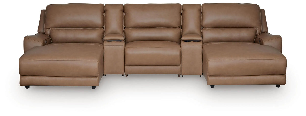 Silverbrooke 5-Piece Reclining Sectional with Double Chaise and Storage Consoles - Caramel