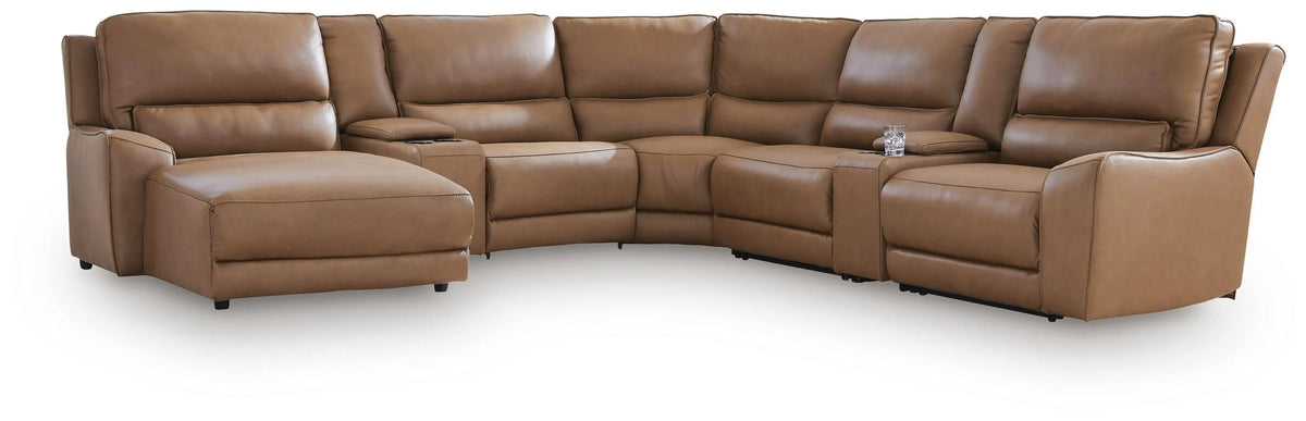 Silverbrooke 7-Piece Reclining Sectional with Chaise and Storage Consoles - Caramel
