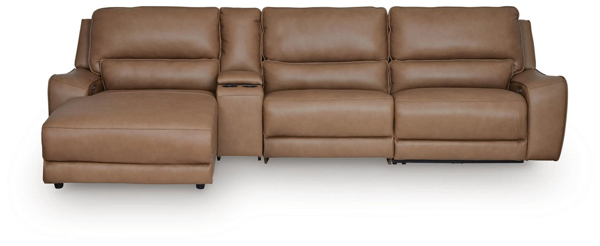 Silverbrooke 4-Piece Reclining Sectional with Chaise and Storage Console - Caramel